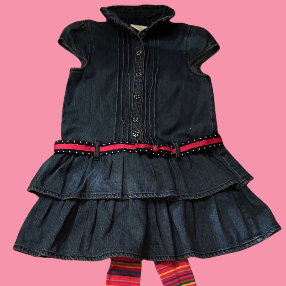 ADORABLE Denim ruffle dress with belt + striped tights Sz 5